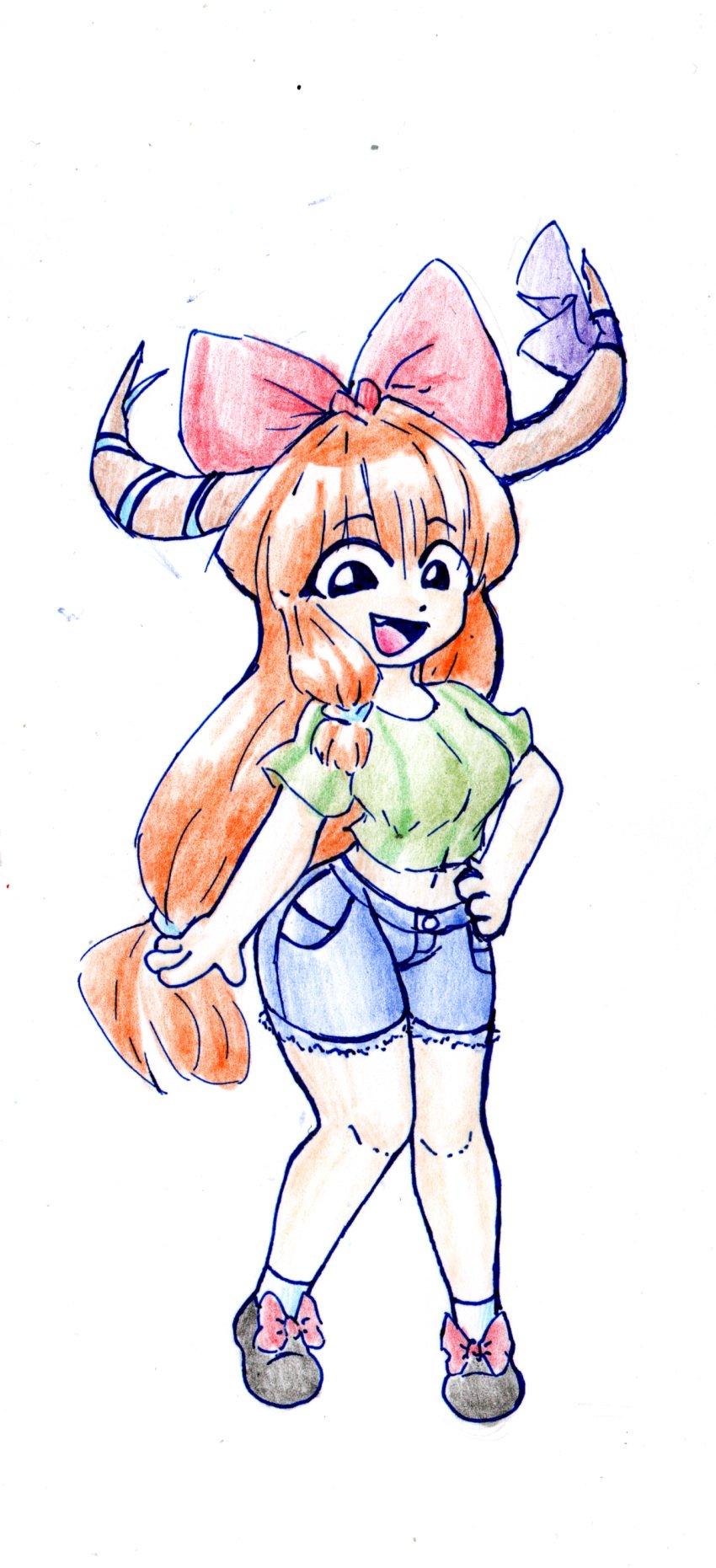 1girls black_eyes bow cute cute_face cute_female cute_girl fair_skin green_sclera hair_accessory hair_ornament hairbow hand_on_hip horn horns jeans long_hair orange_hair red_head safe_for_work shorts suika_ibuki thatartistann touhou white_skin