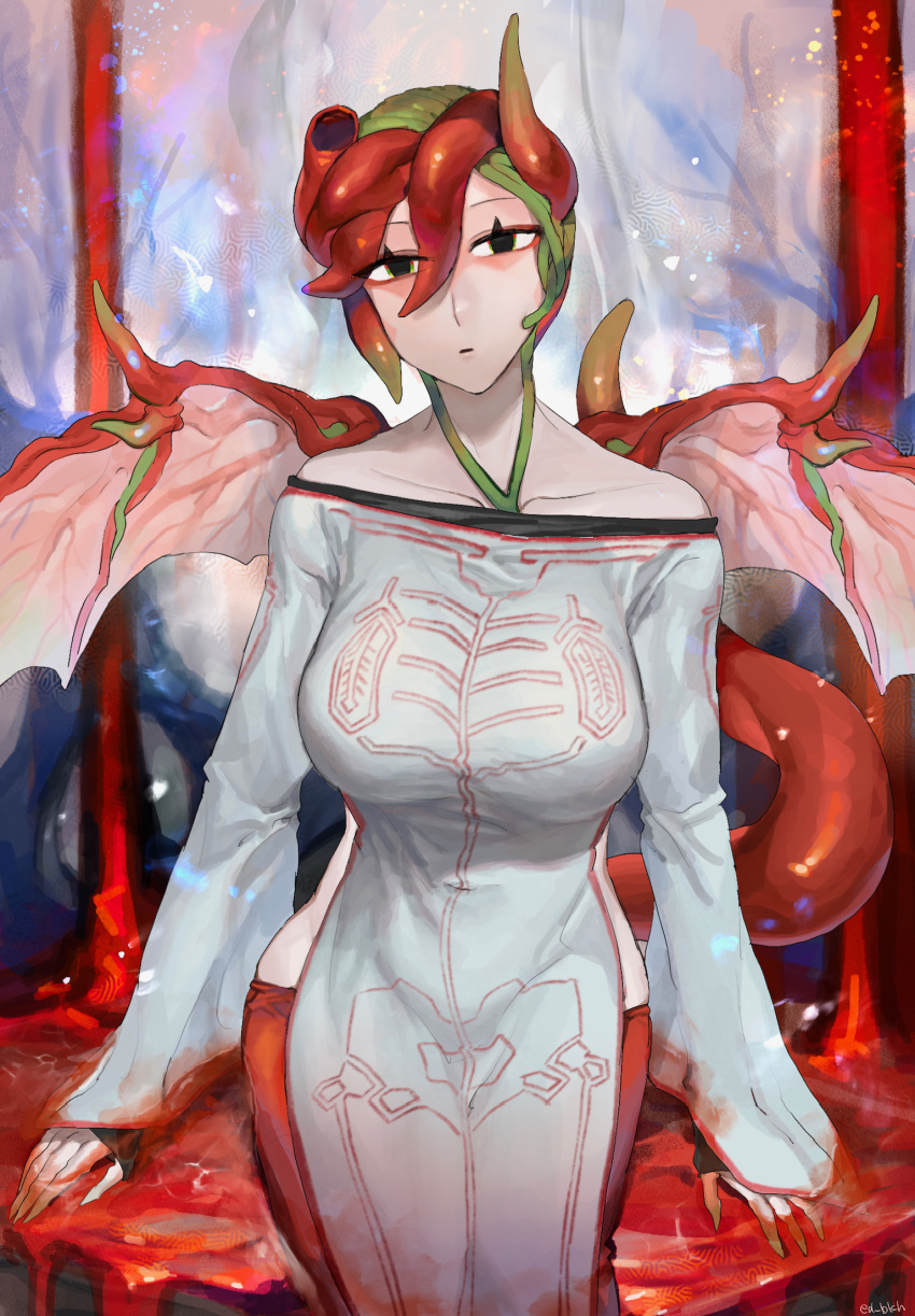 2022 big_breasts dragon green_eyes green_hair huge_breasts huge_thighs oc red_eyes red_hair sakoku shin_(sakoku) thighs yellow_eyes