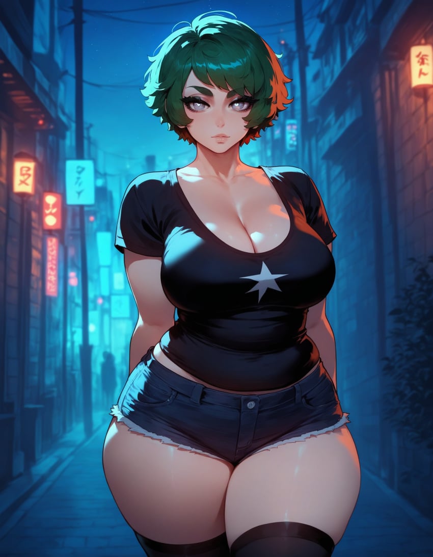 1girls ai_generated big_breasts black_t-shirt bob_cut bob_hair cleavage curvy curvy_figure dark_green_hair denim_shorts gray_eyes green_hair huge_breasts kaeli_(xandr) light-skinned_female light_skin messy messy_hair nerd nerdy nerdy_female plump plump_ass plump_butt plump_female plump_thighs short_hair stockings thick thick_ass thick_thighs very_short_hair voluptuous voluptuous_female whore xandr