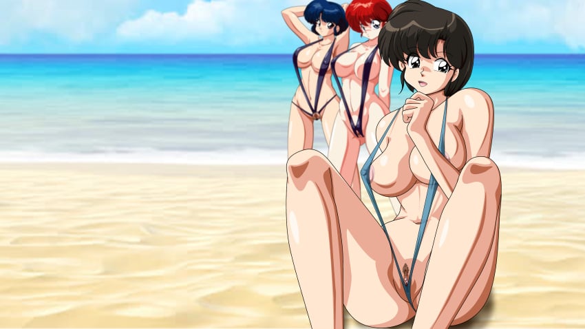 akane_tendo artist_request female_only kasumi_tendo large_breasts pubic_hair ranma-chan ranma_1/2 ranma_saotome swimsuit tagme water