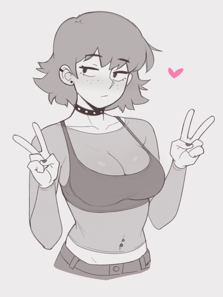 breasts dross female peace_sign roxanne_(dross) short_hair