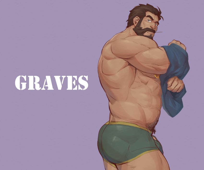 1boy abs absurdres ass bara beard biceps blue_shirt boxer brown_hair bulge character_name facial_hair glensaru graves_(league_of_legends) green_male_underwear highres holding holding_shirt holding_unworn_clothes large_pectorals league_of_legends male_focus male_pubic_hair male_underwear muscular muscular_male navel_hair nipple_piercing nipples pectorals penis penis_peek piercing pubic_hair purple_background shirt simple_background standing thick_arms thighs toothpick topless topless_male underwear