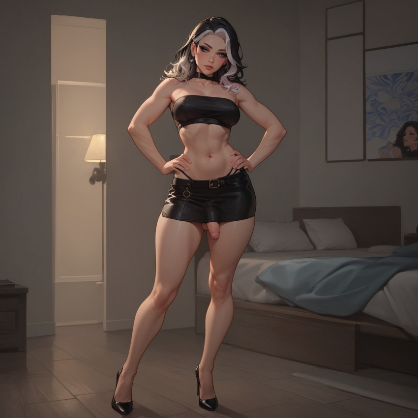 1futa ai_generated athletic_futanari bed bedroom big_breasts black_hair blindparty bulge civitai dickgirl futanari high_heels lingerie medium_penis multicolored_hair penis penis_under_skirt solo standing white_hair