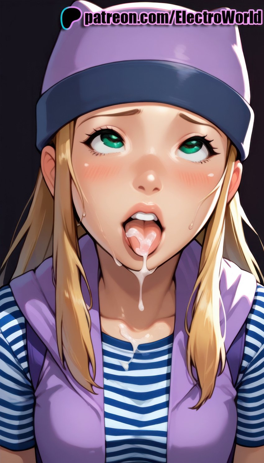 1girls ai_generated blonde_hair blush breasts clavicle cumshot curvaceous curvy curvy_body curvy_female digimon digimon_frontier electroworld eyelashes facial female female female_only green_eyes half-closed_eyes highres izumi_orimoto lips open_mouth saliva seductive seductive_look seductive_pose semen semen_in_mouth semen_on_body semen_on_breasts semen_on_hair semen_on_tongue shiny_skin simple_background solo sperm teeth tongue uncensored voluptuous voluptuous_female young younger_female zoe_orimoto