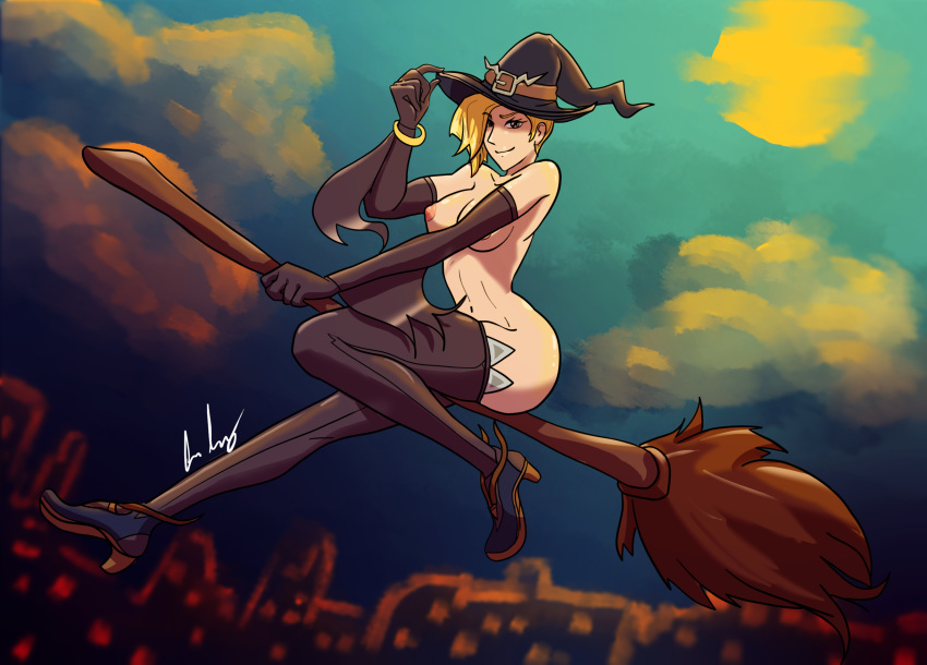 1girls alternate_costume art breasts broom broom_riding female flying_broom halloween mercy overwatch witch witch_mercy