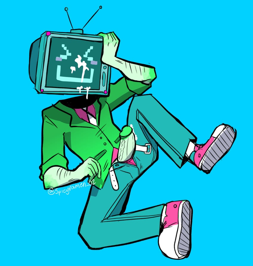 blue_pants cum, cum_on_face green_shirt just_dance male pink_shoes smiling spicyramen tv_head video_killed_the_radio_star_(just_dance)