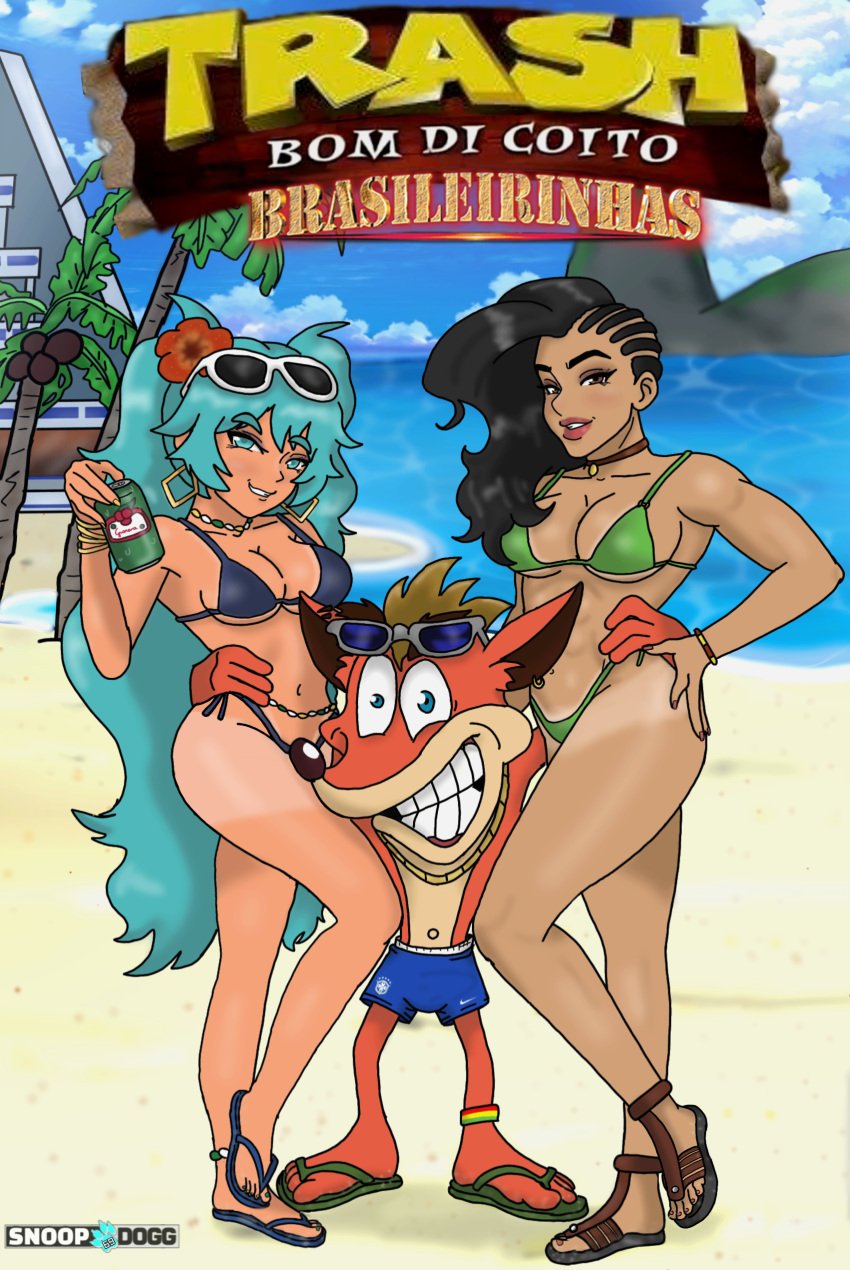 anthro beach bikini brazil brazilian brazilian_miku crash_(series) crash_bandicoot crossover eastern_and_western_character fanart furry furry_male hatsune_miku human human_female interspecies laura_matsuda meme sandals shitpost street_fighter street_fighter_v tan-skinned_female tan_skin vocaloid weird_crossover