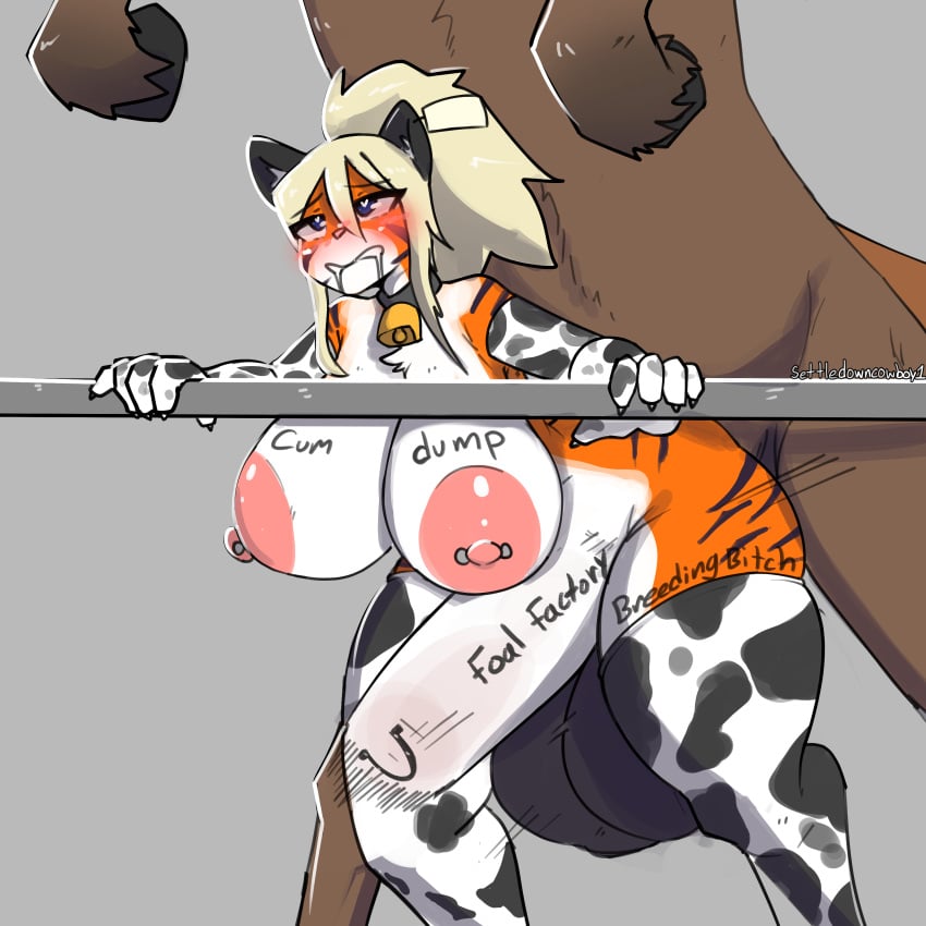 1:1 5_fingers absurd_res ambiguous_penetration animal_print anthro anthro_on_feral anthro_penetrated balls big_breasts black_balls black_hooves blue_eyes blush bodily_fluids body_writing breasts claws collar cow_print cowbell drooling ear_piercing ear_tag english_text equid equine felid female female_penetrated feral feral_penetrating feral_penetrating_anthro fingers fur genitals hair hi_res hooves horse male male/female male_penetrating male_penetrating_female mammal multicolored_body multicolored_fur nipple_piercing nipples orange_body orange_fur pantherine penetration penis_shaped_bulge piercing pink_nipples pink_nose saliva settledowncowboy sex slightly_chubby slightly_chubby_anthro slightly_chubby_female stomach_bulge stripes tan_hair text tiger white_claws zoophilia