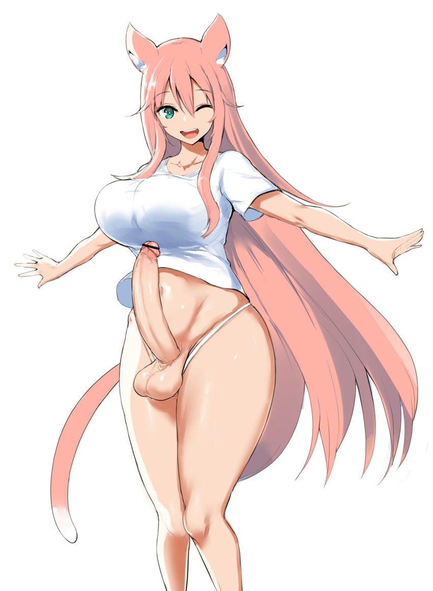 big_breasts big_penis blue_eyes cat_ears cat_tail censored dickgirl futa_focus futa_only futanari large_breasts neko original original_character pink_hair ubanis