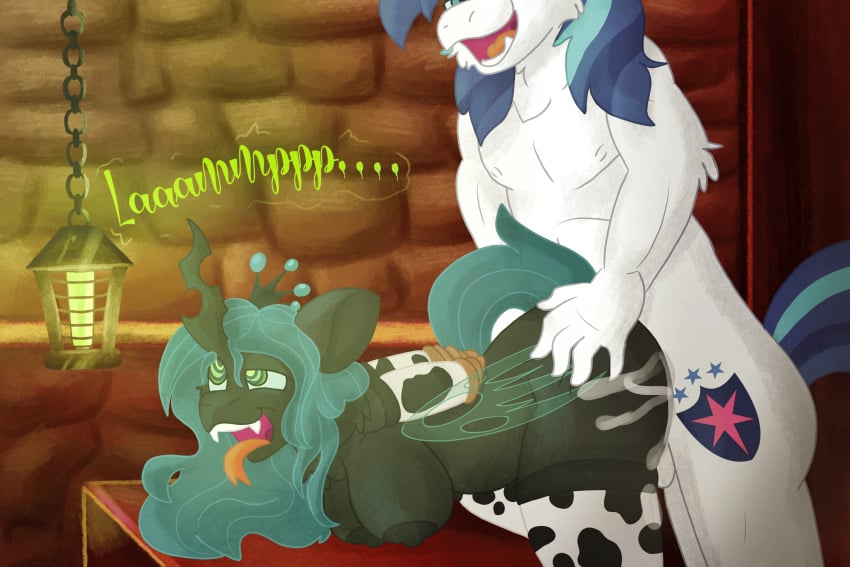 animated anthro anthro_on_anthro arthropod black_body black_fur breasts changeling euspuche female friendship_is_magic fur furry green_eyes hair hasbro long_hair male my_little_pony queen_chrysalis_(mlp) shining_armor_(mlp) tongue tongue_out white_body white_fur