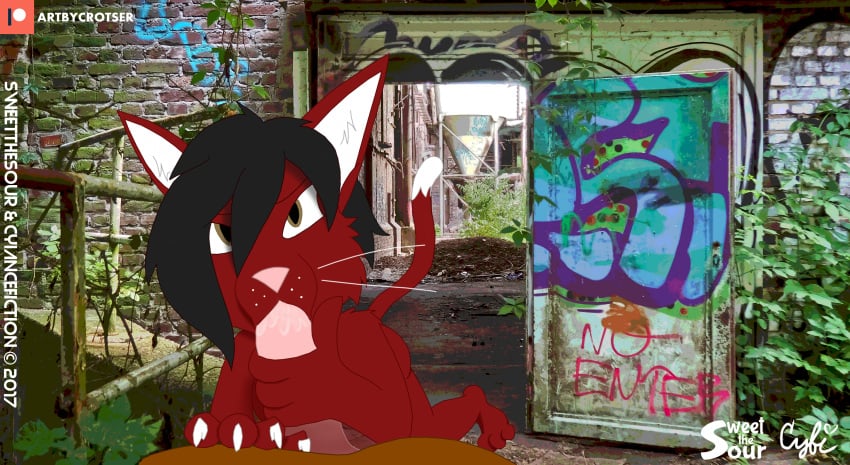 2017 ambrosia_hale anthro ass big_penis black_hair bottomless breasts brown_eyes claws clothed clothing cum cum_in_mouth cum_inside cyiancefiction day detailed_background drooling duo ear_tuft erection feline fellatio female fur graffiti hair handjob highres huge_cock invalid_tag looking_at_viewer male mammal nude open_mouth oral orgasm outside penetration penis red_fur saliva sex sideboob sky straight sweetthesour toes tuft urbex whiskers young