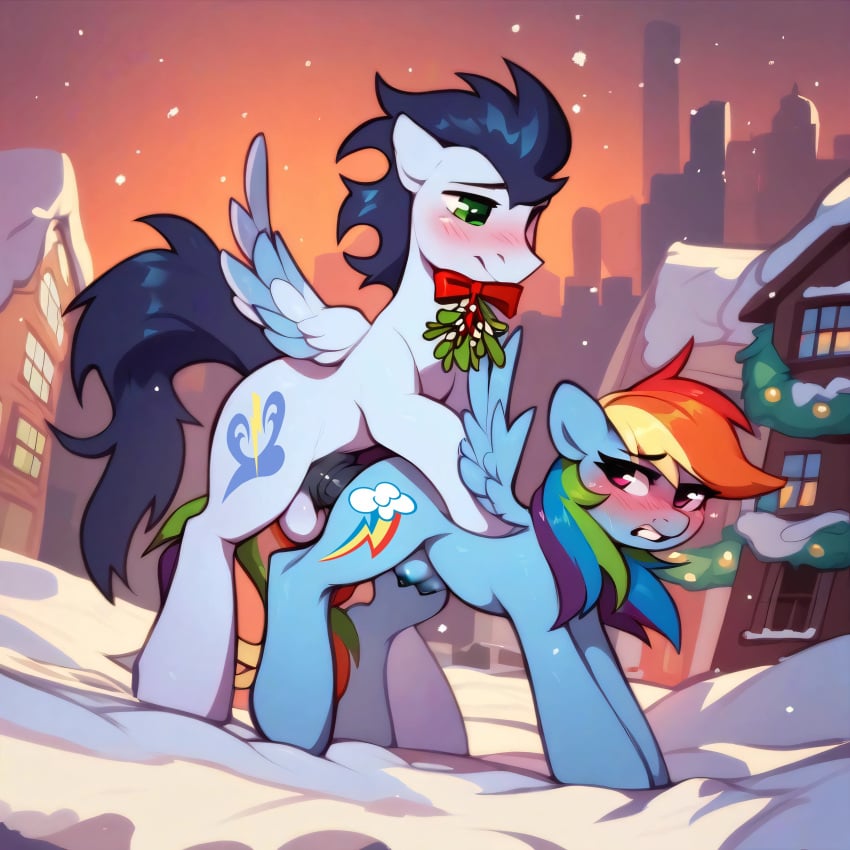 ai_generated balls blush crotchboobs doggy_style equine feral furry horsecock mistletoe my_little_pony nipples outside_sex pony public_sex rainbow_dash_(mlp) snow soarin_(mlp) spread_wings