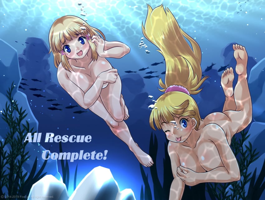 2girls big_breasts blonde_hair blue_eyes breasts collarbone completely_nude covering_breasts female female_only fish foxeye_(artist) foxeye_limited_game_collection game_cg natica_(foxeye) natica_and_sandy:_underwater_rescue nude nude_female original original_character original_characters ponytail sandy_(foxeye) text underwater