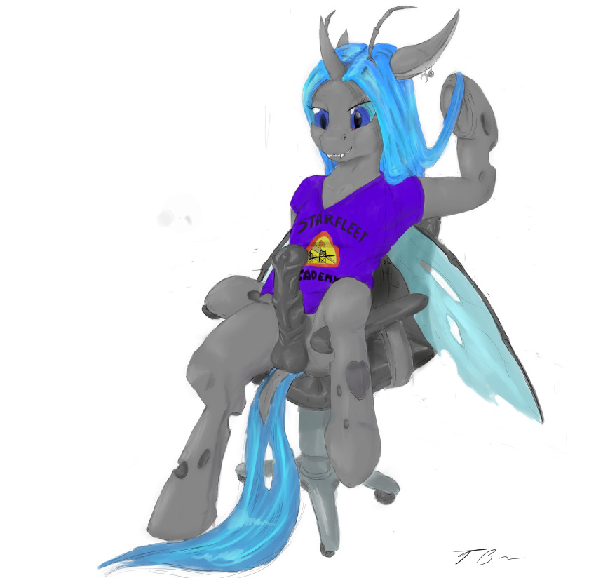 anthro balls bottomless chair changeling clothed clothing ear_piercing erection male my_little_pony penis piercing shirt sitting terabyte_(artist)