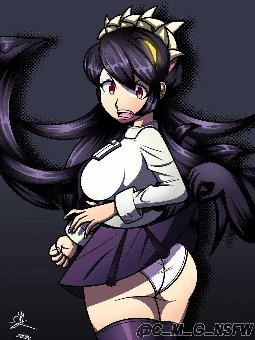 angry_face ass black_hair black_skirt black_socks breasts butt c_m_g_nsfw filia_(skullgirls) panties red_eyes samson_(skullgirls) school_uniform schoolgirl skirt skullgirls smile socks thighs white_panties yellow_eyes