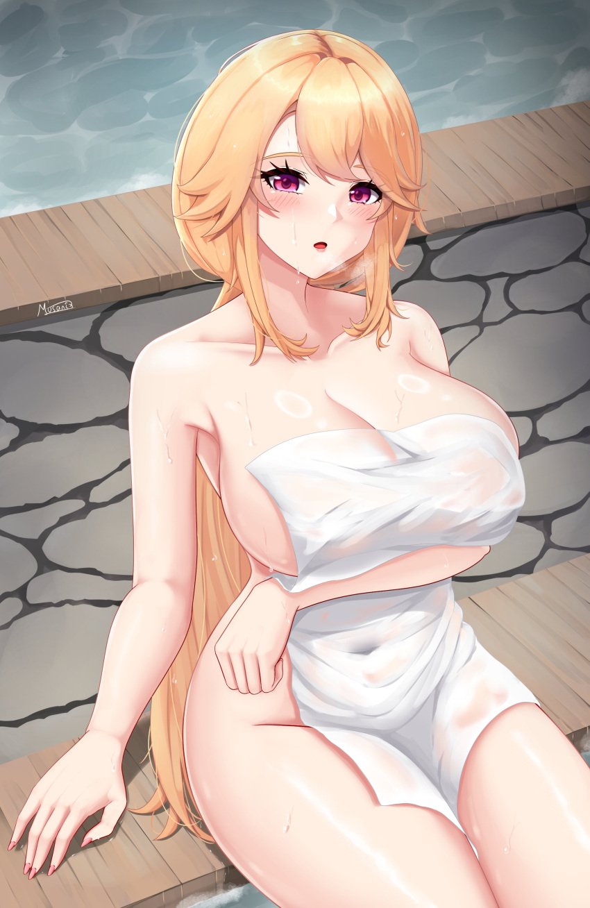 1girls azur_lane blonde_hair blush breasts cleavage female female_only hot_spring huge_breasts iris_libre_(azur_lane) light-skinned_female light_skin musanix onsen pink_eyes richelieu_(azur_lane) solo towel towel_only water