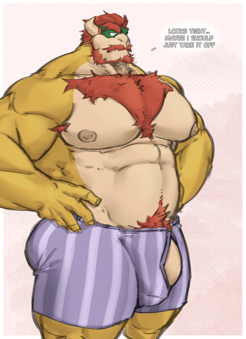 1boy 1male abs anthro anthro_male anthro_only areolae armpit_hair ass bara barazoku barely_clothed barely_covered barely_visible_genitalia barely_visible_penis beard big_ass big_butt body_hair bowser bulge butt chest_hair chest_tuft facial_hair hairy_armpits hairy_chest hairy_male hand_on_hip hands_on_hips happy_trail horns huge_ass huge_butt humanoid humanoid_genitalia humanoid_hands humanoid_male humanoid_penis koopa large_ass large_butt male male_focus male_only male_underwear mario_(series) muscle muscles muscular muscular_anthro muscular_arms muscular_legs muscular_male muscular_thighs mustache nintendo nipples pecs pectorals phosbara pubic_hair red_hair simple_background solo solo_focus solo_male talk talking text underwear underwear_only upper_body