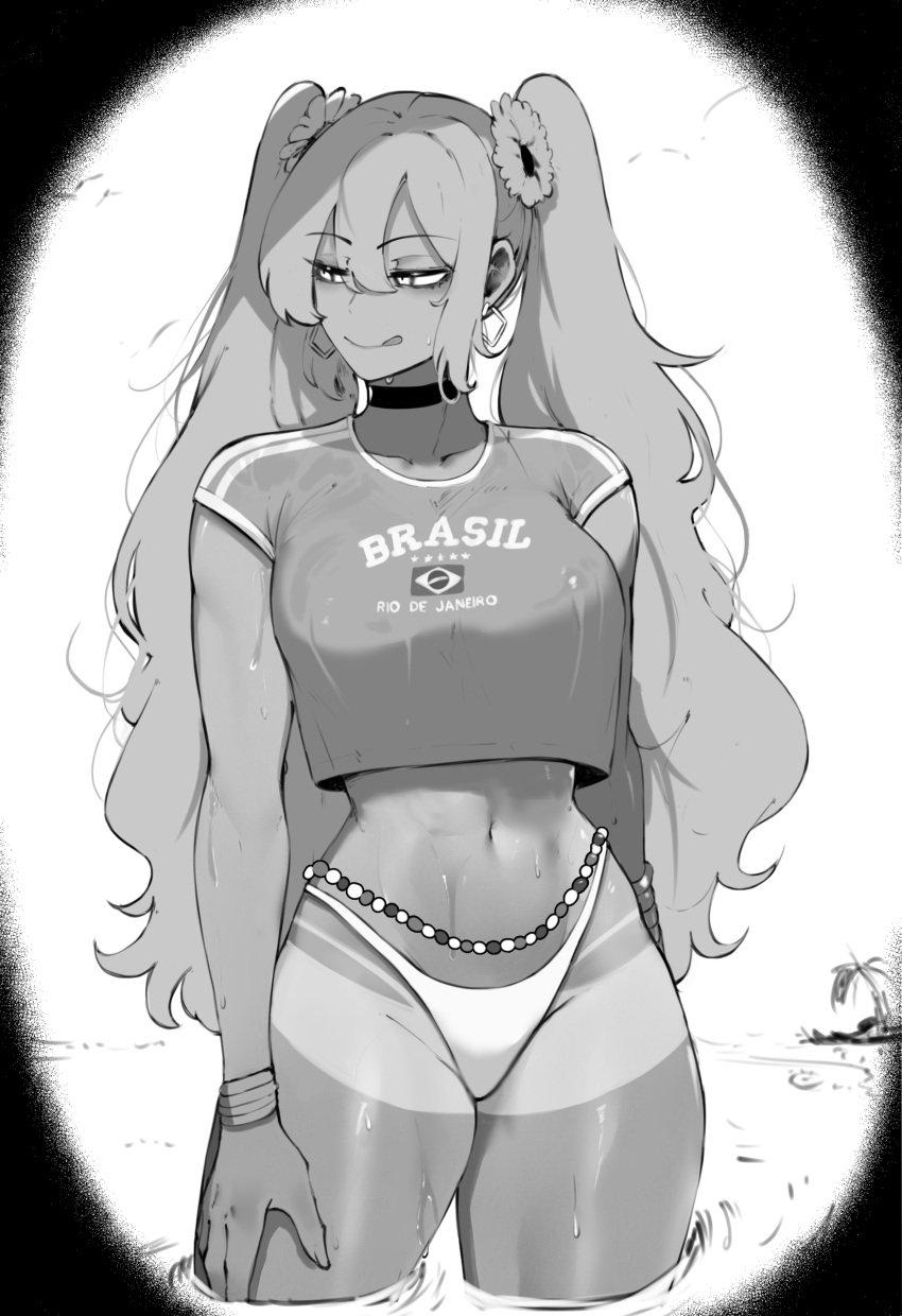 2024 beach beads bikini brazil brazilian brazilian_female brazilian_flag brazilian_miku choker curvy earrings female female_focus female_only hatsune_miku large_breasts latin_american_hatsune_miku_(meme) licking_lips long_hair masoq095 meme monochrome navel tan_body tanline thick_thighs thighs twintails vocaloid waist_beads wet