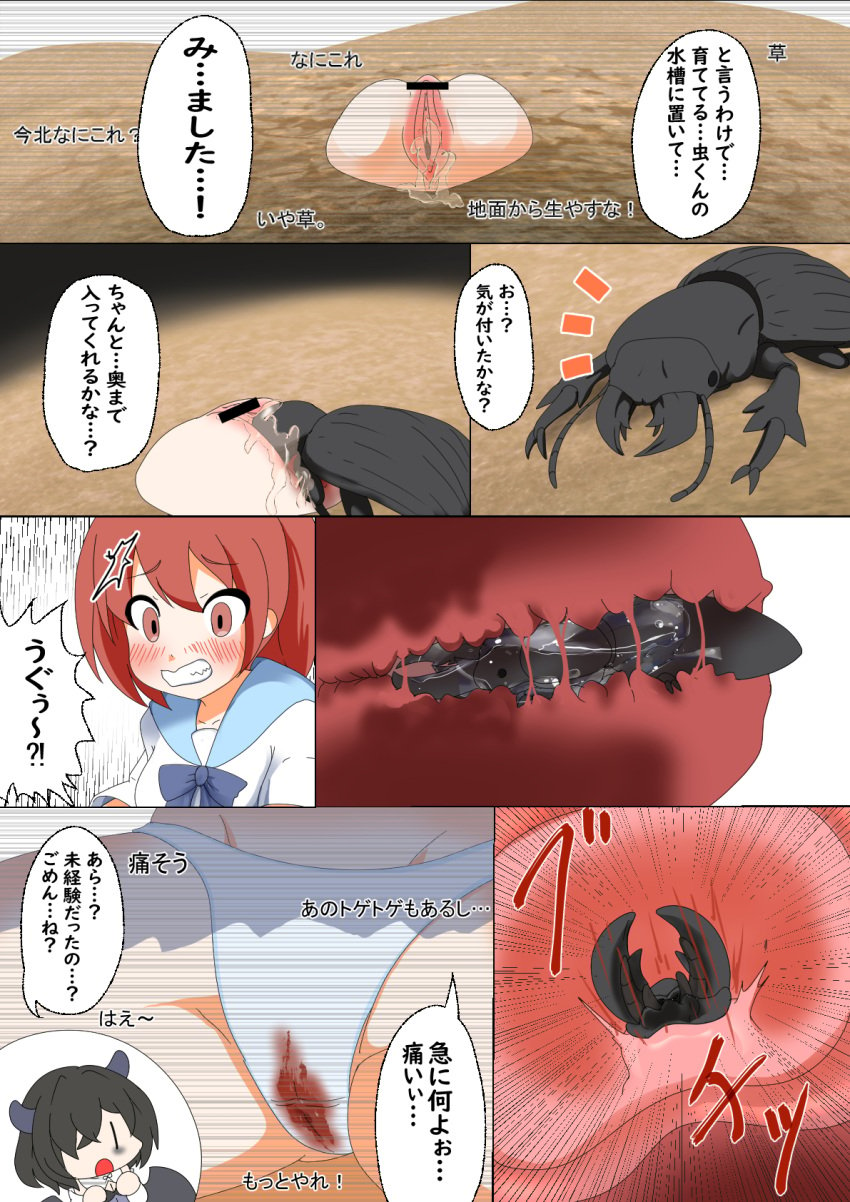 beetle black_hair blush body_invasion brown_eyes cervical_penetration cervix clenched_teeth clothing comic creature_inside cross_section endured_face female hymen hymen_torn insectophilia insects insects_in_pussy interspecies japanese_text original panic panties penetration portal red_hair rikusumi school_uniform schoolgirl shirt spread_legs unbirthing uterus vaginal_penetration virgin virginal_blood virginity_loss white_panties wide_eyed worried x-ray zoophilia