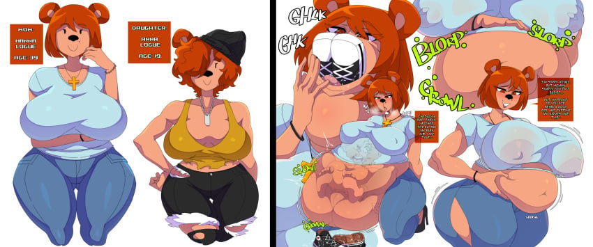 2girls big_ass big_breasts breast_imprints female_pred female_prey huge_ass huge_belly huge_breasts milf mother_and_daughter short_hair sunnyhero vore weight_gain young