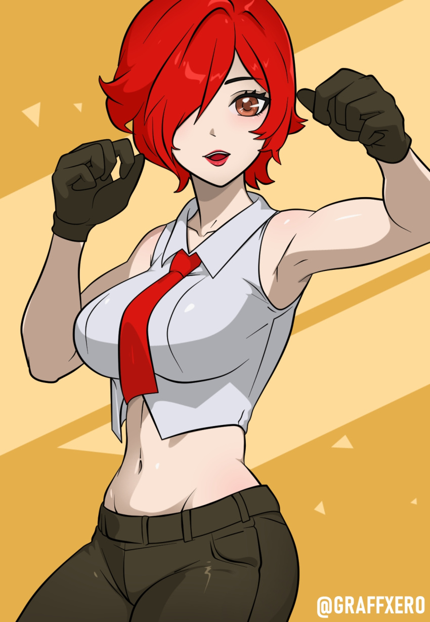 1girls big_breasts big_breasts brown_eyes clothed female female gloves king_of_fighters light-skinned_female light_skin lipstick one_eye_obstructed open_mouth pale_skin pants red_eyes red_hair red_tie shirt short_hair skinny_waist tie vanessa_(kof) white_shirt wide_hips