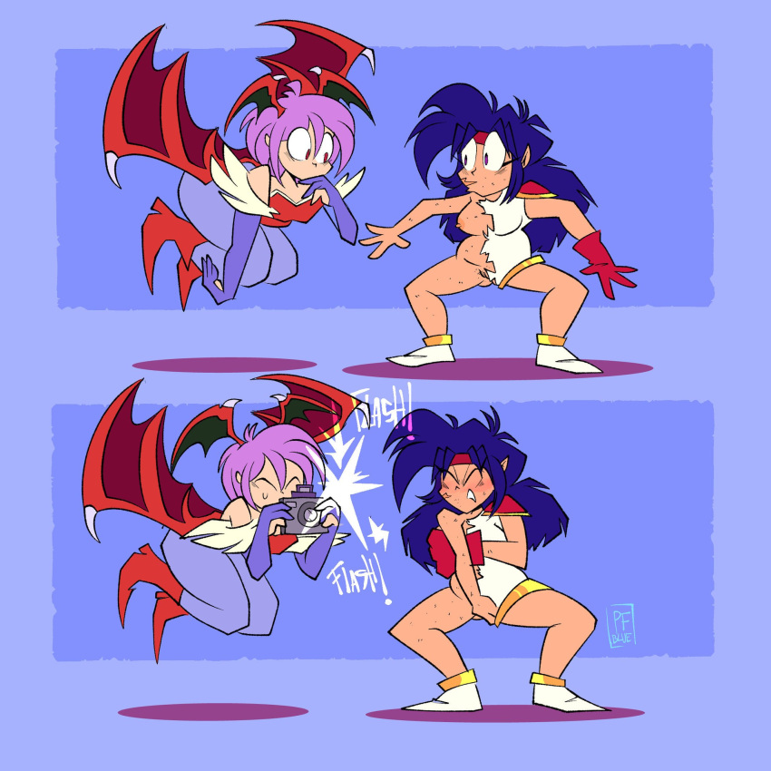 2girls ass ass_visible_through_thighs breasts camera darkstalkers embarrassed embarrassed_nude_female enf female lilith_aensland meredith_(popfulblue) nude popfulblue pussy senftember senftember_(2024) succubus tagme taking_picture