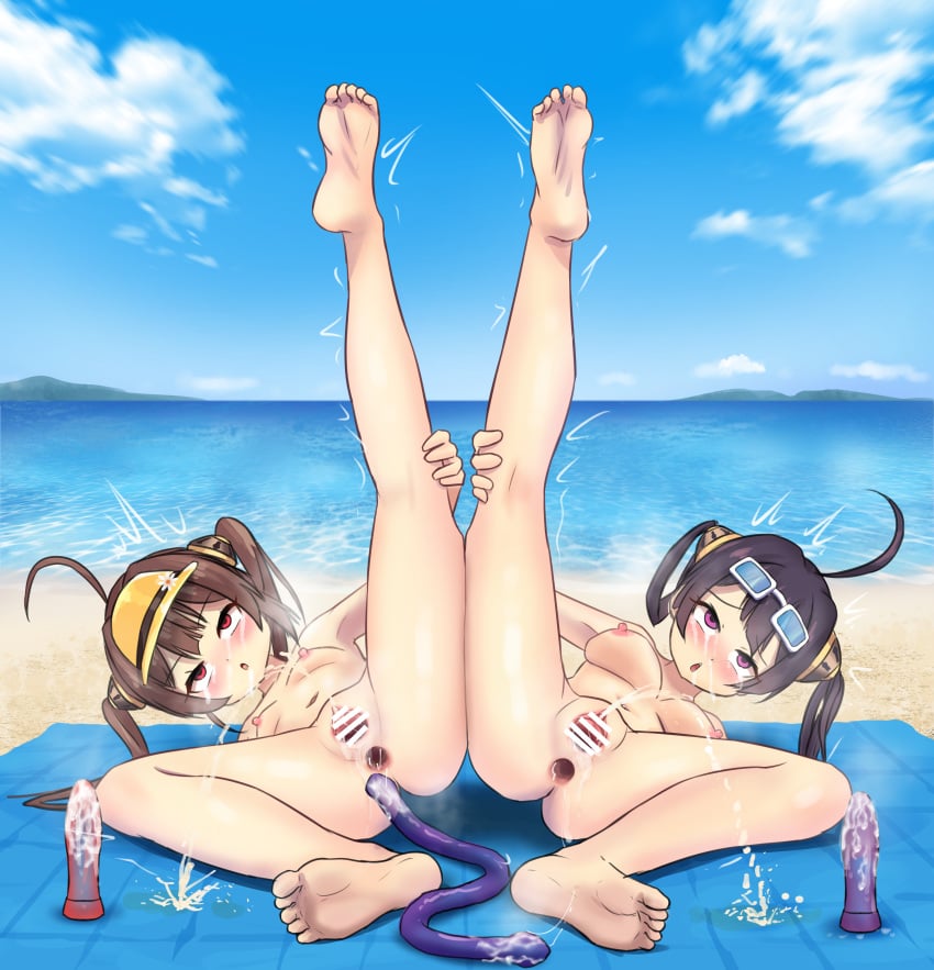 after_masturbation azur_lane beach beach_towel censor_bar dildo double_dildo gaping_anus leg_lift masturbation ning_hai_(azur_lane) nude peeing ping_hai_(azur_lane)