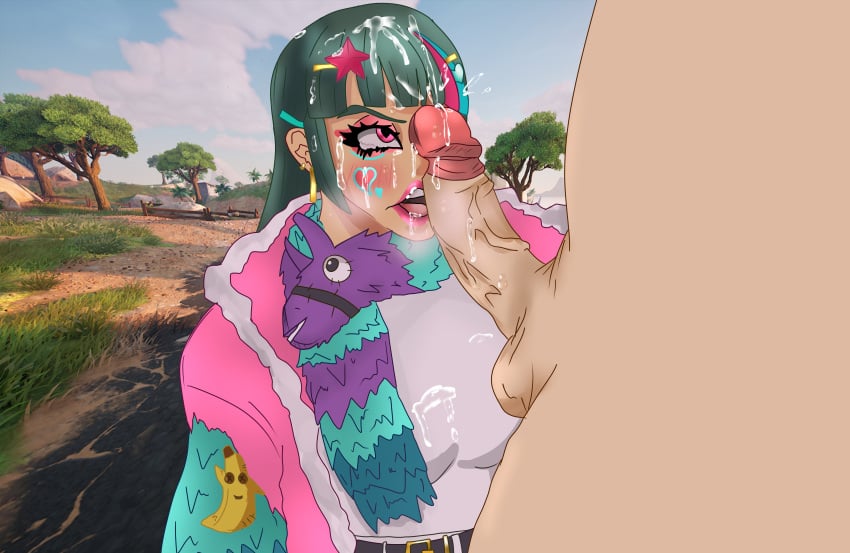 big_penis blowjob_face cum cum_in_mouth cum_on_face cumshot dali_(fortnite) fortnite fortnite:_battle_royale green_hair jacket pink_eyes pink_lips scarf