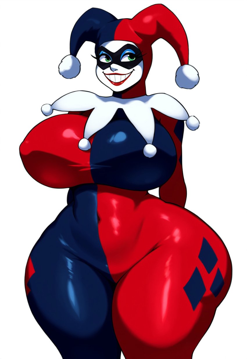 ai_generated big_smile dc gigantic_ass gigantic_breasts green_eyes harley_quinn harley_quinn_(classic) huge_ass huge_breasts jester large_breasts latex latex_suit lubbasdump massive_ass massive_breasts navel skin_tight smile wide_ass wide_hips