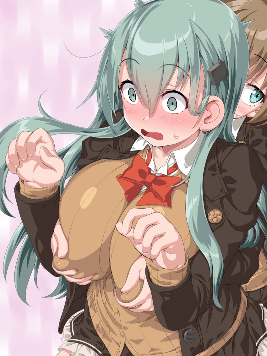 2girls blazer blush bow bowtie breasts brown_cardigan brown_hair brown_jacket brown_skirt buttons cardigan collared_shirt dd_(ijigendd) frilled_skirt frills grabbing_another's_breast grabbing_from_behind green_eyes green_hair groping hair_between_eyes hair_ornament hairclip highres incest jacket kantai_collection kumano_(kantai_collection) kumano_kai_ni_(kantai_collection) large_breasts long_hair long_sleeves multiple_girls nipple_stimulation nipple_tweak open_clothes open_jacket open_mouth red_bow red_bowtie shirt sisters skirt suzuya_(kantai_collection) suzuya_kai_ni_(kantai_collection) white_shirt yuri