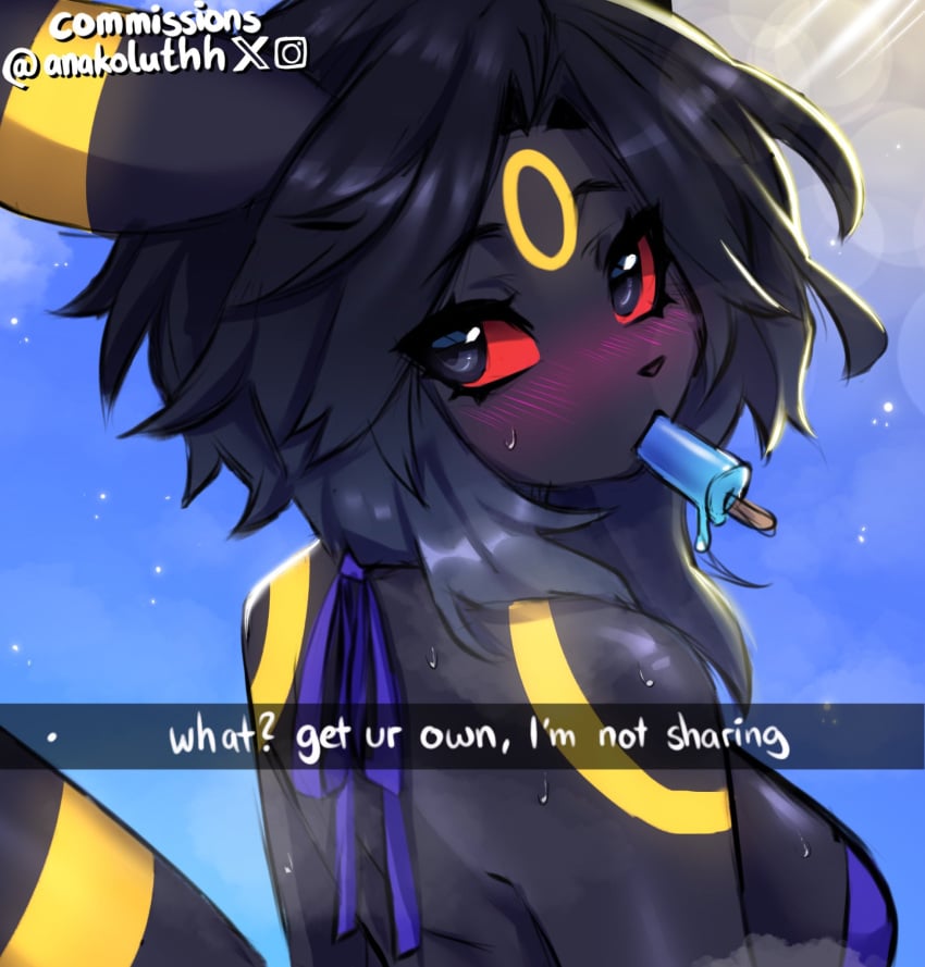 anakoluth anakoluth_(artist) anthro cleavage creatures_(company) eeveelution eyebrows eyelashes eyes furry game_freak generation_2_pokemon hair nintendo nyx_(p4wsized) pokémon_(species) pokemon pokemon_(species) pokemon_gsc popsicle sweat topwear umbreon