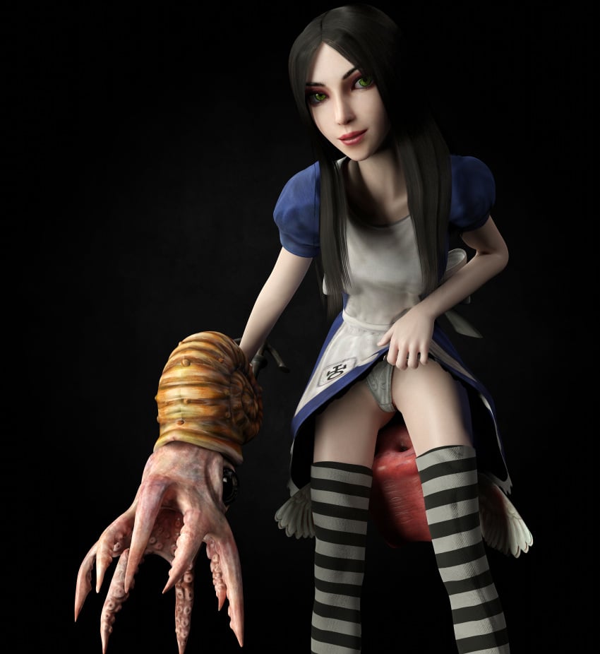 1girls 3d alice_(wonderland) alice_in_wonderland alice_liddell alice_madness_returns alicecry american_mcgee's_alice female panties pantyshot skirt_lift striped_thighhighs thighhighs white_panties