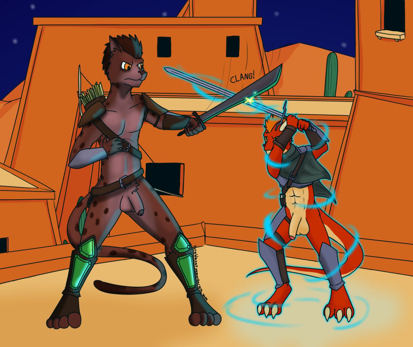 anthro armor bow_(disambiguation) bracers brown_body brown_fur brown_hair building cactus city cityscape desert domestic_cat duo felid feline felis fur fyreblazes genitals greaves hair hi_res jbashaar khajiit kobold magic magic_user male mammal melee_weapon microsoft night orange_eyes orange_hair pauldron penis plant public public_nudity quiver_(object) red_body scalie sword swordfight the_elder_scrolls weapon zaw(fyreblazes)