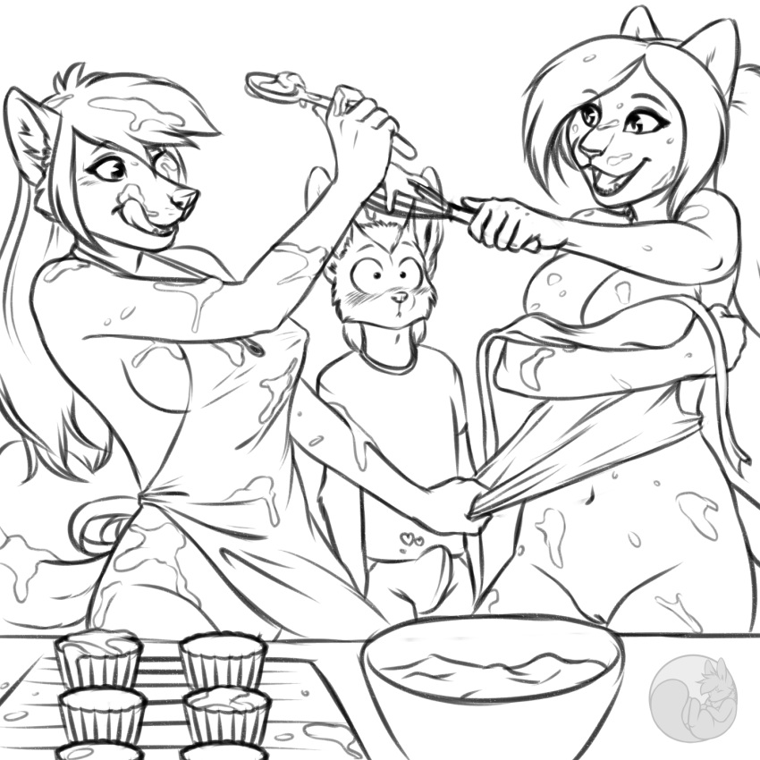 anthro apron black_and_white blush breasts canine clothed clothing cooking cream duo_focus erection erection_under_clothes feline female group heart hi_res kitchen male mammal messy monochrome naked_apron nateday navel pussy semira skimpy standing swanson