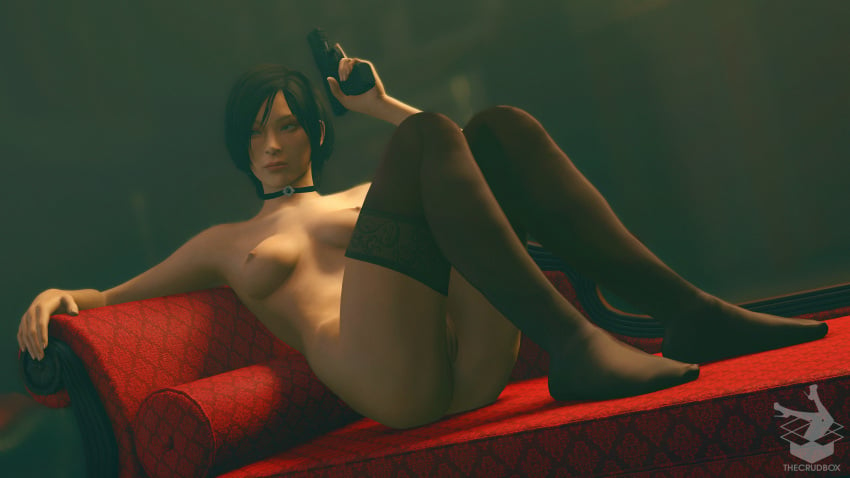 3d ada_wong ada_wong_(adriana) areola areolae asian asian_female black_hair blurry_background bob_cut breasts brown_eyes choker crudbox3d gun handgun lipstick lying_on_sofa medium_breasts mostly_nude mostly_nude_female nipples nude nude_female pinup pistol red_lipstick red_sofa resident_evil resident_evil_4 sofa source_filmmaker stockings thighhighs vagina