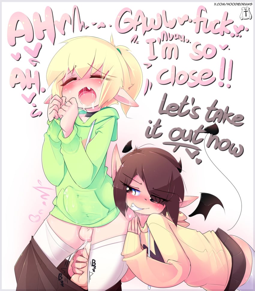 2boys 2femboys balls blonde_hair blush bulge_through_clothing dildo elf elf_ears english_text fanart femboy_on_male hoodie_(artist) max_(hoodie) pants_down penis_bulge ponytail short_hair shorts_down skirt succubus_horns succubus_tail thighhighs