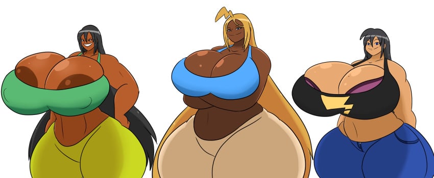 areola_slip aunt_and_niece auntie_dakota_(igph) black_hair blonde_hair brown_areola brown_skin cleavage cousins dark-skinned_female dark_skin huge_breasts human humanized igphhangout long_hair midriff mother_and_daughter navel rachel_the_raichu_(igph) tagme tan_skin tesla_(igph) thick_thighs wide_hips