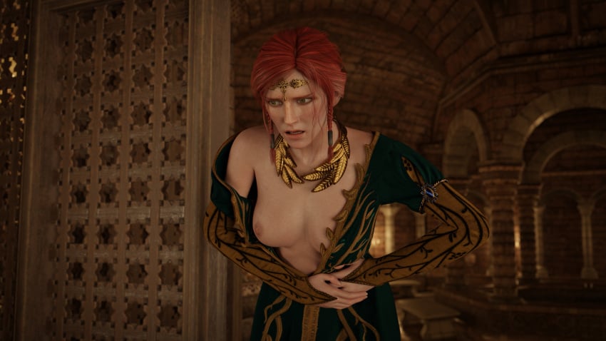 3d breasts dress female freckles light-skinned_female nipples nodern03 red_hair solo the_witcher_(series) the_witcher_3:_wild_hunt triss_merigold