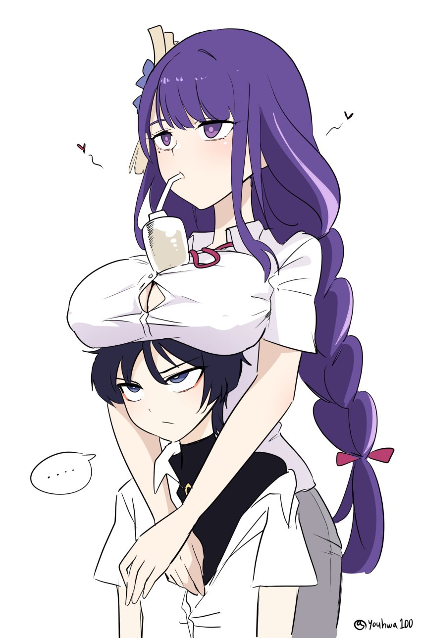 1boy 1girls big_breasts braid braided_hair breasts_on_head breasts_support busty button_gap cup_on_boobs female genshin_impact male milf mother_and_child mother_and_son purple_eyes purple_hair raiden_shogun scaramouche_(genshin_impact) youhwa10