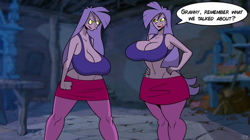 2girls angry angry_expression angry_face artist_signature big_ass big_breasts blurry_background breasts bust busty chest curvaceous curvy curvy_figure disney disney_villains female female_focus green_eyes hips hourglass_figure huge_ass huge_breasts human large_ass large_breasts lavender_hair legs long_hair madam_mim mature_female pale-skinned_female pale_skin purple-skinned_female purple_body purple_hair purple_skin rustysh4ckl3ford slim_waist speech speech_bubble text the_sword_in_the_stone thick thick_legs thick_thighs thighs top_heavy villain villainess voluptuous voluptuous_female wide_hips witch