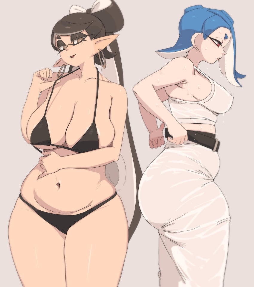 2girls ass bikini black_hair blue_hair breast_size_difference breasts callie_(splatoon) female huge_breasts inkling large_ass light-skinned_female light_skin long_hair medium_breasts nintendo octoling shiver_(splatoon) splatoon splatoon_(series) tentacle_hair thick_thighs wide_hips yuta_agc