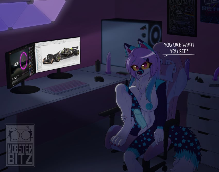 1futa anthro bad_dragon big_breasts blue_hair blue_nipples breasts buttplug canine chair computer dark_room dick dildo dipstick_ears dipstick_tail ear_tuft fox futanari glowing_genitalia glowing_penis keyboard_(computer) looking_at_viewer lube_bottle mobzylewd monitor mouse multicolored_fur neck_tuft nipples one_leg_up phone pink_hair poster precum purple_body purple_fur solo striped_tail text two_tone_hair vibrator white_body white_fur yellow_sclera