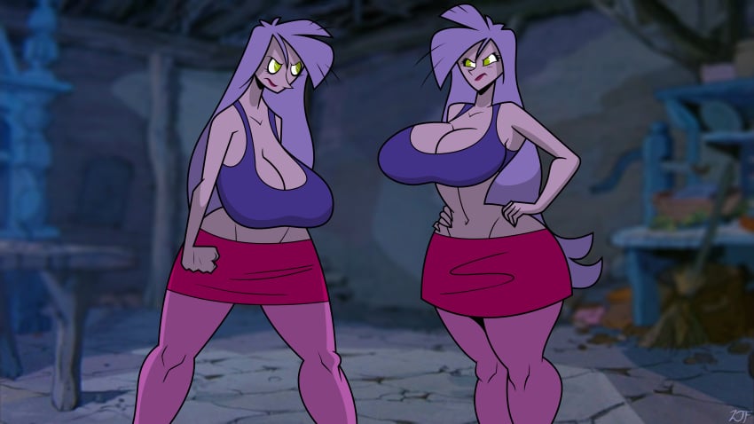 2girls angry angry_expression angry_face artist_signature big_ass big_breasts blurry_background breasts bust busty chest curvaceous curvy curvy_figure disney disney_villains female female_focus green_eyes hips hourglass_figure huge_ass huge_breasts human large_ass large_breasts lavender_hair legs long_hair madam_mim mature_female pale-skinned_female pale_skin purple-skinned_female purple_body purple_hair purple_skin rustysh4ckl3ford slim_waist the_sword_in_the_stone thick thick_legs thick_thighs thighs top_heavy villain villainess voluptuous voluptuous_female wide_hips witch