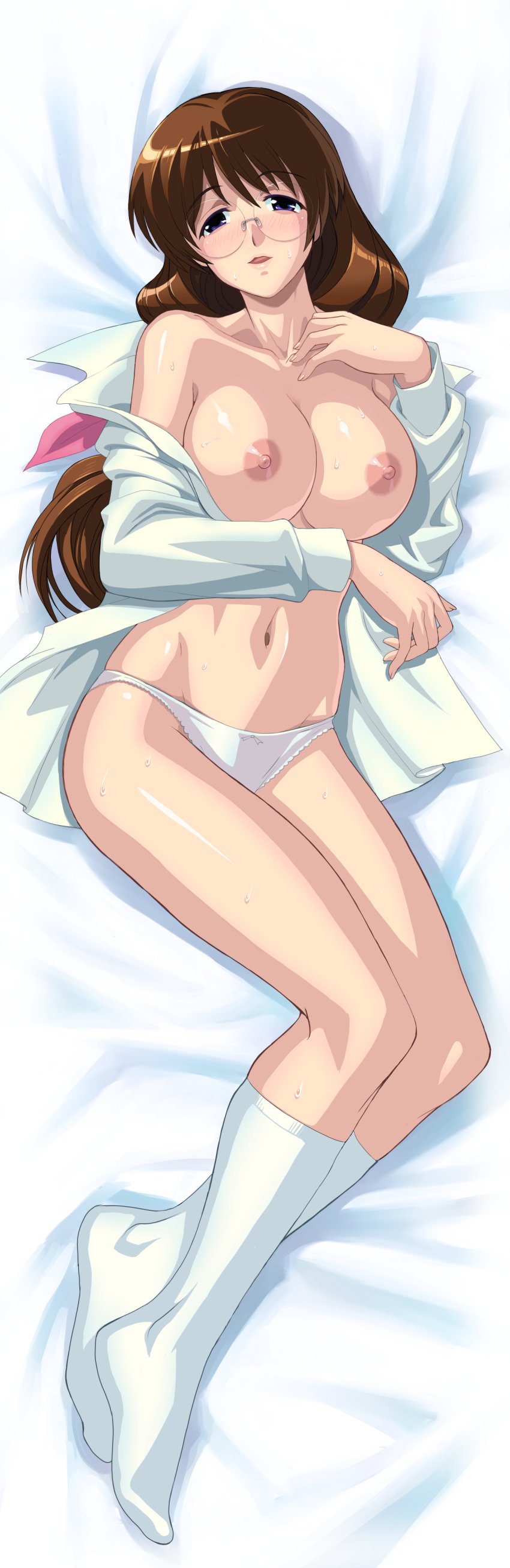 absurdres blue_eyes blush breasts brown_hair collarbone female glasses hair_ribbon highres large_breasts long_hair looking_at_viewer navel nipples no_bra ootori_kaori open_clothes open_mouth open_shirt panties ribbon shin_seiki_inma_seiden shirt socks solo tenpura_2 underwear white_panties white_shirt white_socks