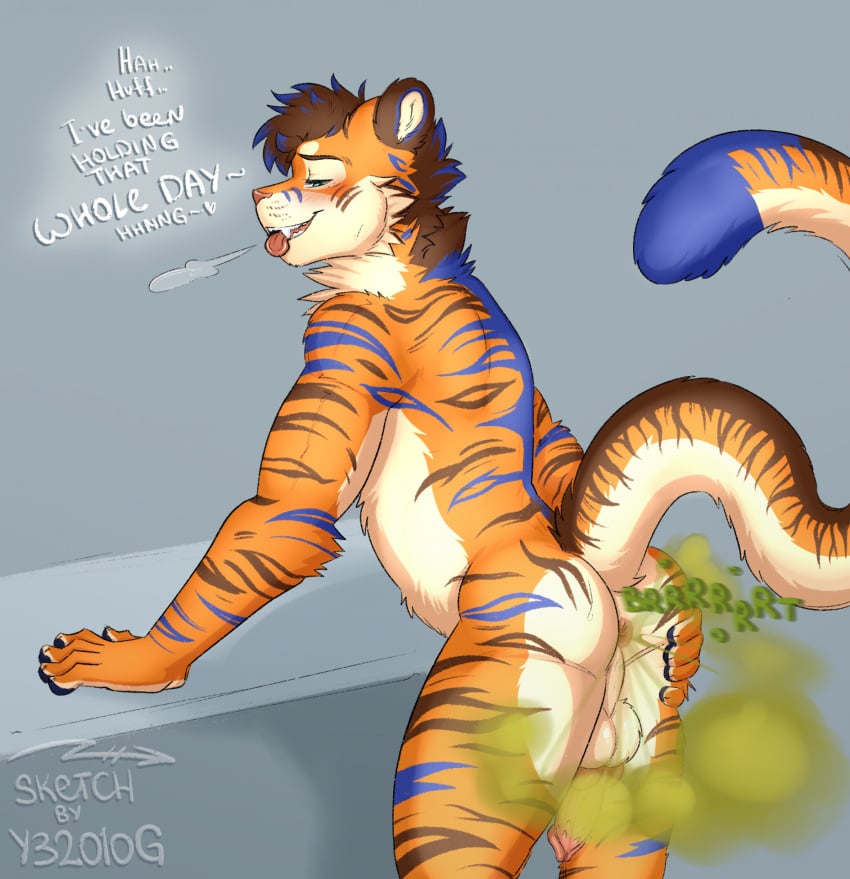 anthro anus ass balls fart fart_cloud felid fur gassy genitals hi_res looking_back male mammal multicolored_body multicolored_fur nude pantherine penis perineum presenting presenting_hindquarters raised_tail slim smelly solo stripes tail teasing teasing_viewer tiger tongue tongue_out y32010g