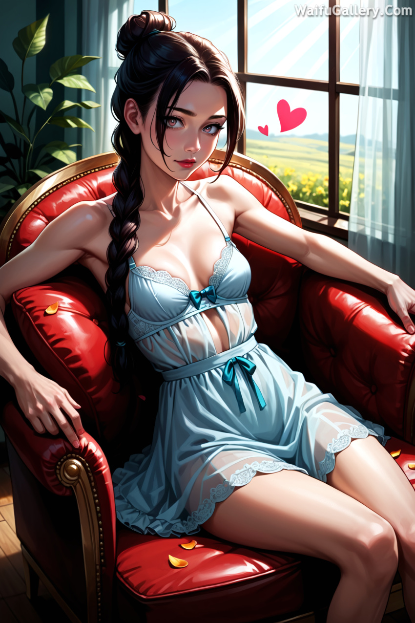 ai_generated amber_eyes black_hair indoors looking_at_viewer medium_breasts nightwear sitting_on_chair waifugallery