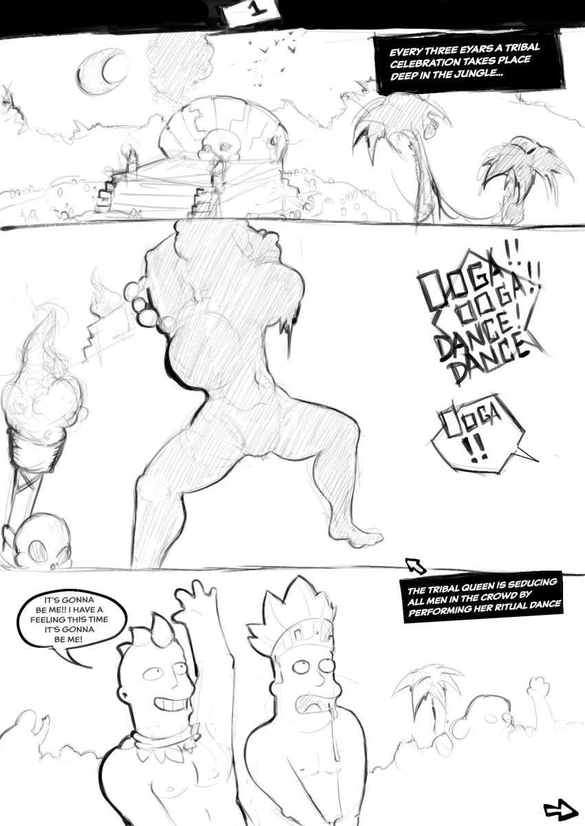 1girls breasts breasts busty caption comic comic_page czyrk15 dancing fit_female jungle marge_simpson milf shaking_breasts text the_simpsons tights tribal