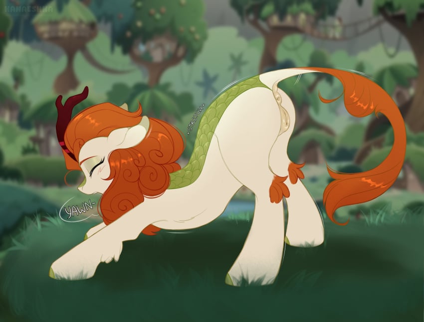 absurd_res anatomically_correct anus ass autumn_blaze_(mlp) bodily_fluids closed_eyes ears_back female feral friendship_is_magic genitals grass hasbro hi_res horn kanaeshka leaning leaning_forward my_little_pony open_mouth pivoted_ears plant puffy_anus pussy saliva saliva_string solo stretching yawn yawning_position