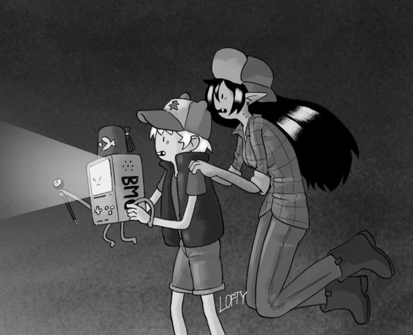 1girl 2boys adventure_time black_and_grey black_hair bmo boots crossover crossover_cosplay dipper_pines fangs female finn_the_human flashlight floating gravity_falls grey_background hat holding_shoulder human levitation lofty_(artist) long_hair marceline marceline_the_vampire_queen night open_mouth scared scared_expression stanley_pines vampire vampire_girl wendy_corduroy