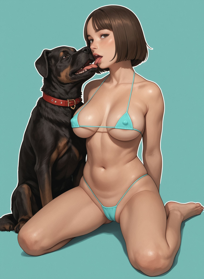 ai_generated animal aqua_bikini areola_slip arms_behind_back bangs barefoot bent_knees bikini blue_bikini blush breasts brown_eyes brown_hair cameltoe canine clothing collar feet female french_kiss kissing kneeling large_breasts lips looking_at_viewer medium_breasts micro_bikini navel nipples open_mouth original short_hair sitting solo stomach swimsuit thighs tongue tongue_out wariza zoophilia